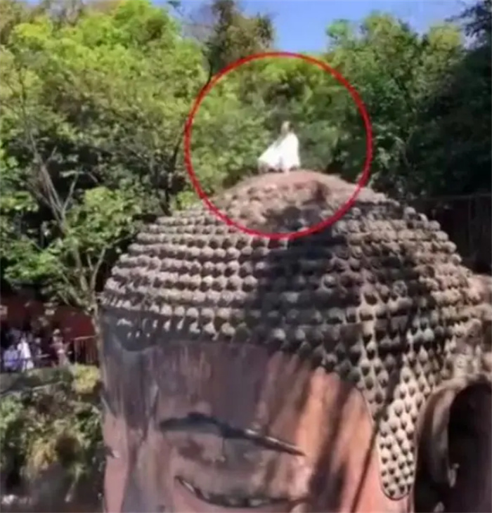 女子坐在乐山大佛头顶 景区做出回应（不雅行为）